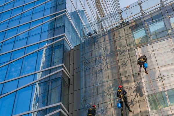 building, window, window cleaner, facade, skyscraper, glass, people, people, people, people, people, people